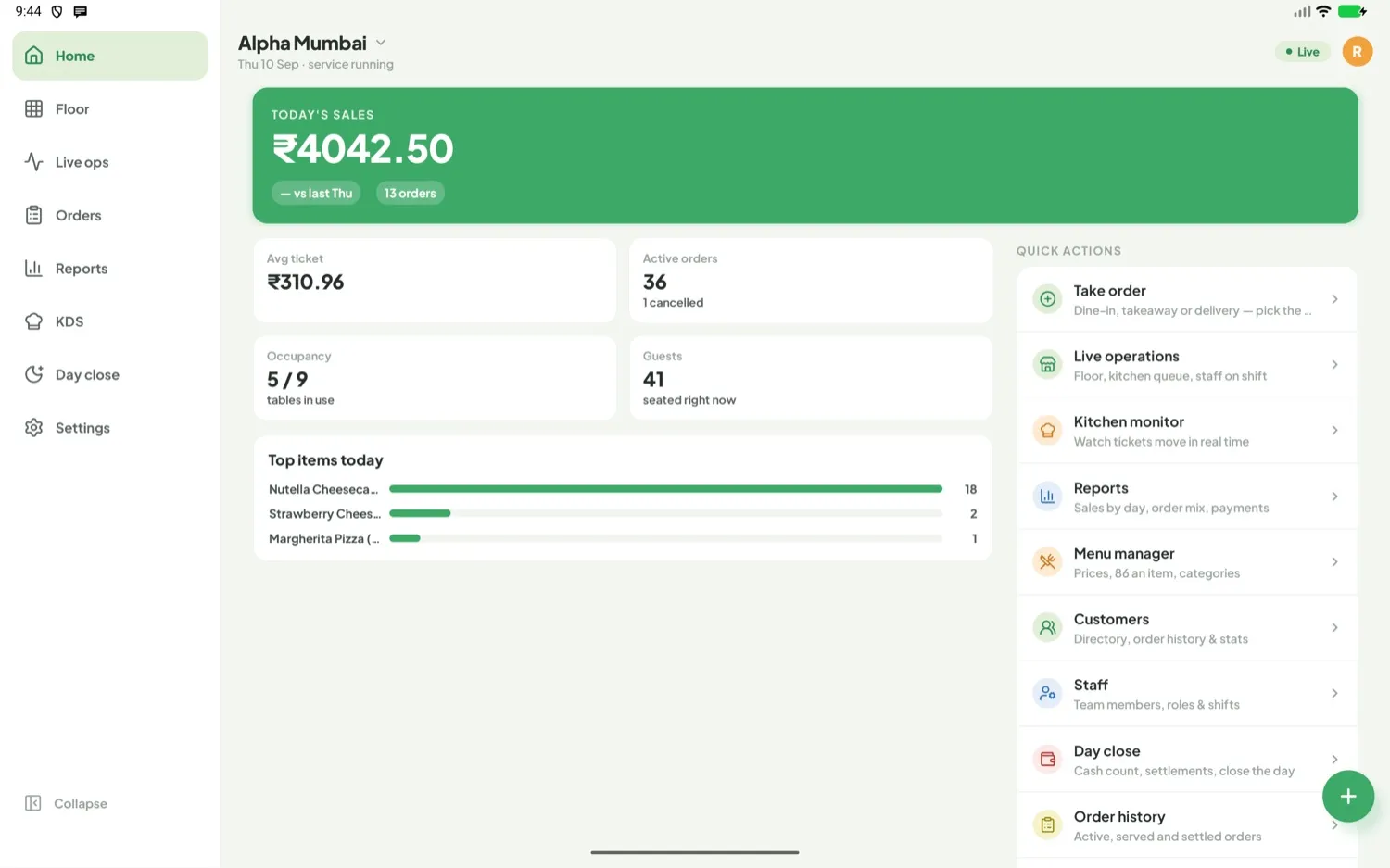 EzyResto on a tablet: sidebar navigation, today's sales, occupancy and quick actions